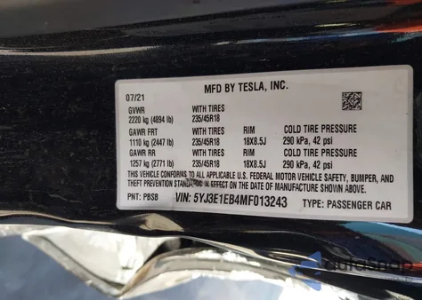2021 Tesla Model 3 Long Range Dual Motor All-Wheel Drive from USA, damaged, VIN 5YJ3E1EB4MF013243